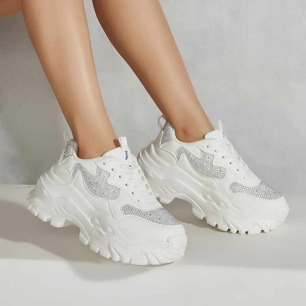 Women White Rhinestone Casual Tennis Lace Up Chunky Sneakers Shoes - Picture 7 of 7